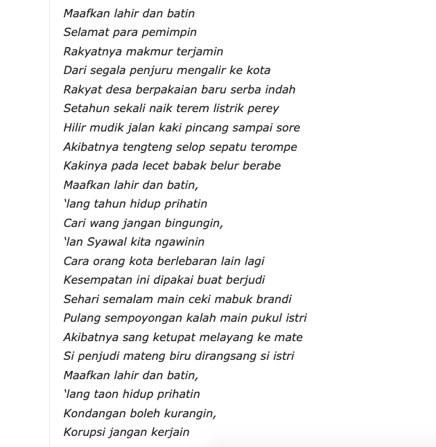 arman_dhani's tweet photo. Naskah asli lagu Ismail Marzuki tentang hari raya, lebih muram dan lebih getir. 

"Sehari semalam main ceki mabuk brandi
Pulang sempoyongan kalah main pukul istri"

"Maafkan lahir dan batin,
‘lang taon hidup prihatin
Kondangan boleh kurangin,
Korupsi jangan kerjain" https://t.co/CvNHHPMtxq