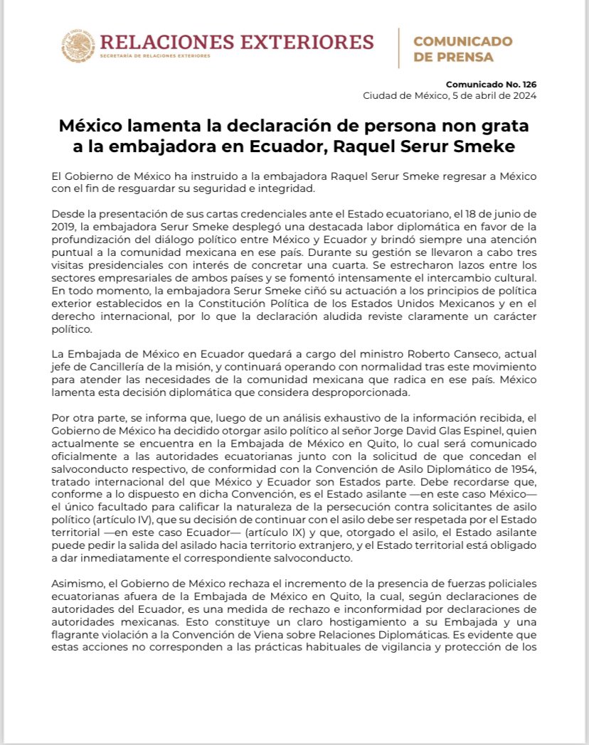 NataliaSaltalam's tweet photo. La acción de Ecuador al llevarse por la fuerza a Jorge Glas viola también la Convención de Asilo Diplomático de 1954.

Hoy por la mañana la SRE emitió un comunicado en donde se informó del otorgamiento de asilo político a tal persona 👇 https://t.co/KlZRiinXT7
