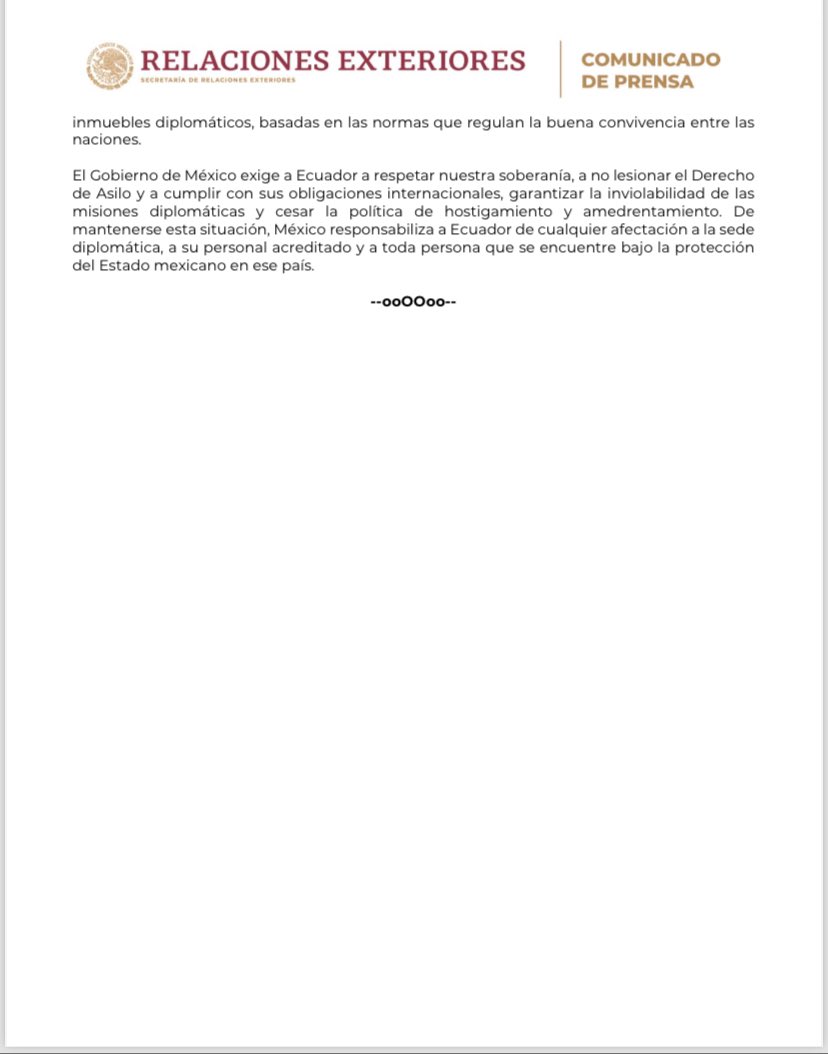 NataliaSaltalam's tweet photo. La acción de Ecuador al llevarse por la fuerza a Jorge Glas viola también la Convención de Asilo Diplomático de 1954.

Hoy por la mañana la SRE emitió un comunicado en donde se informó del otorgamiento de asilo político a tal persona 👇 https://t.co/KlZRiinXT7