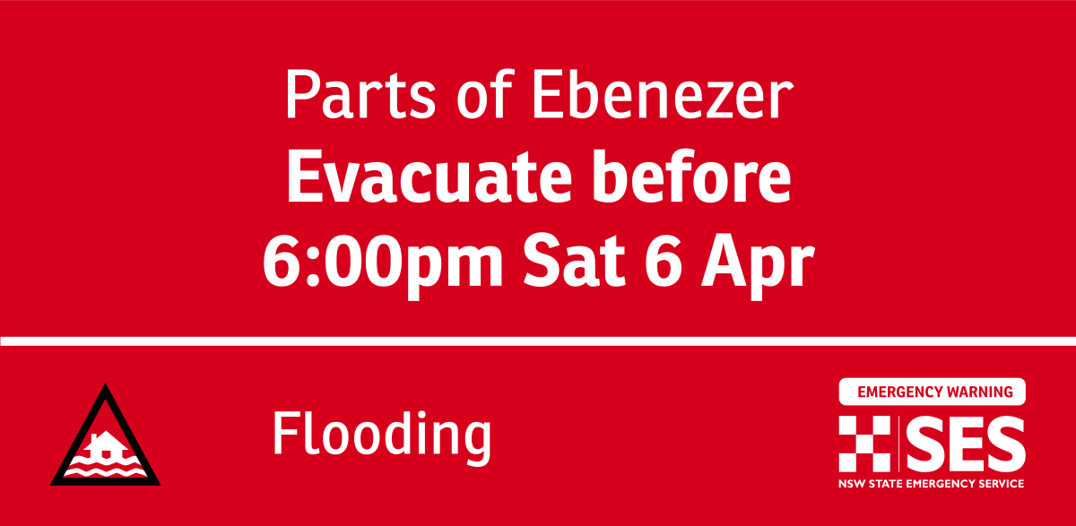 NSW SES is directing people in the following area to EVACUATE BEFORE 6:00 pm Sat 06 Apr All properties on Coromandel Rd bordering Hawkesbury River. EMERGENCY WARNING Next update: Sunday 7 Apr 2:00 pm Find out more: hazardwatch.gov.au/a/zybOQQ #NSWSES #HawkesburyRiver