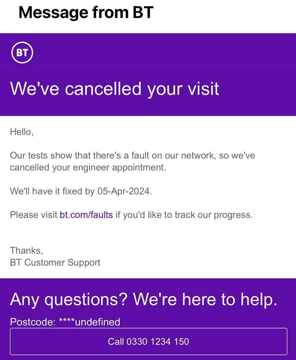So my bt broadband goes down on Tuesday night, 
bt cancel the engineer for the Friday and now say they may fix it on the Monday - anyone else having dreadful non service from bt ?

Just lost three days work - any recommendations for decent service provider ???

@bt_uk @BTCare