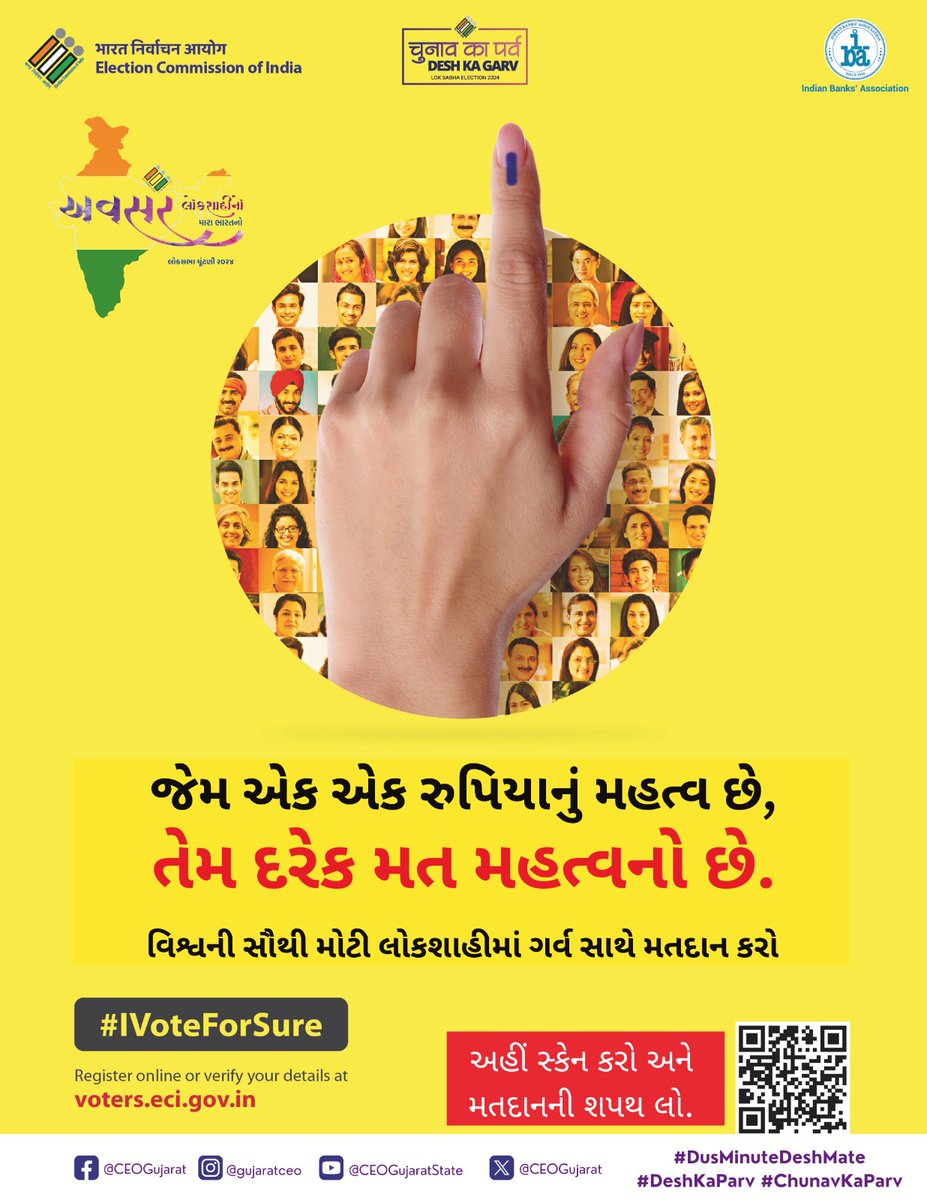 જેમ એક એક રુપિયાનું મહત્વ છે, તેમ જ દરેક મત મહત્વનો છે. #IVoteforSure #LokSabhaElections2024 #ChunavKaParv #DeshKaGarv #Election2024 #EveryVoteCounts #DemocracyMatters #VotingRights #VoiceYourChoice #ElectionAwareness