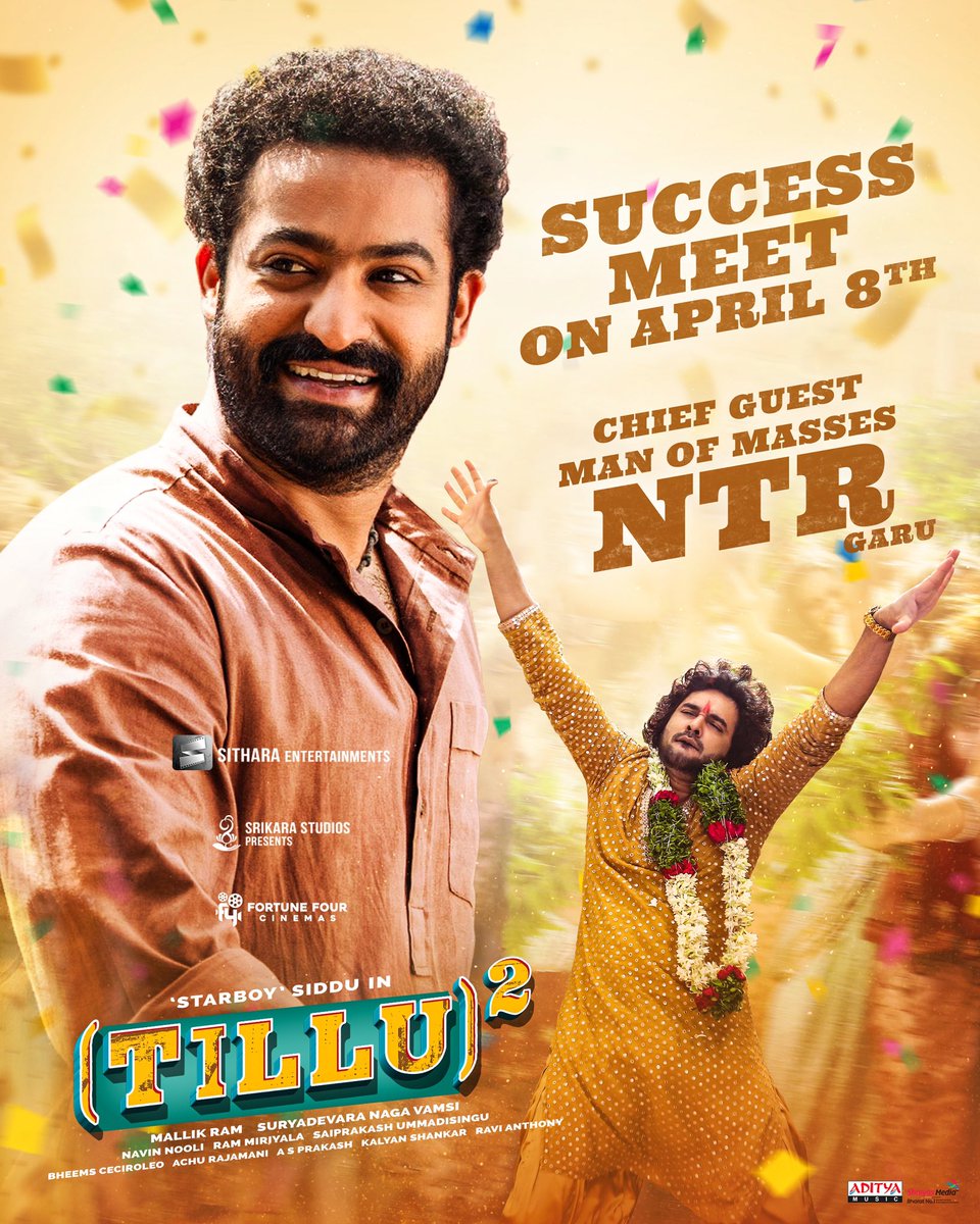 Our Man Of Masses @tarak9999  Is The Chief Guest For Success Meet Of #TilluSquare on April 8th! ❤️

#ManOfMassesNTR #JrNTR #NTR #NTRJr