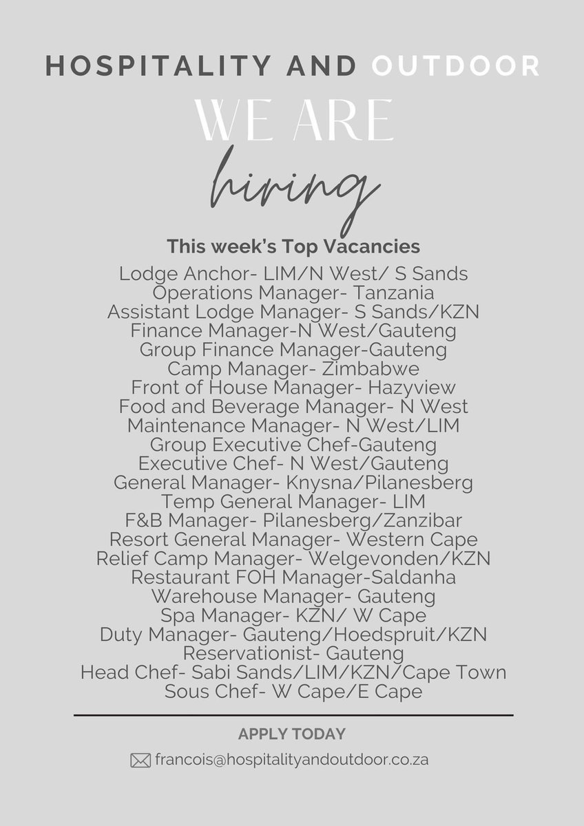 ￼
This week's new and exciting opportunities in the world of hospitality!

Explore our openings today- lnkd.in/dAscRqCw

#HospitalityJobs
#CareerOpportunities
#HospitalityIndustry