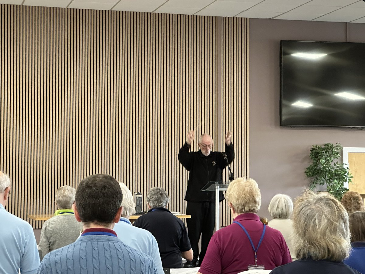 Keith Rowland this morning conducting hands-on ringing session (Fred Gramann's 'Praise the Lord! Ye Heavens, Adore Him!') at HRGB Annual National Rally in Hayes Conference Centre, Swanwick, Alfreton, Derbyshire