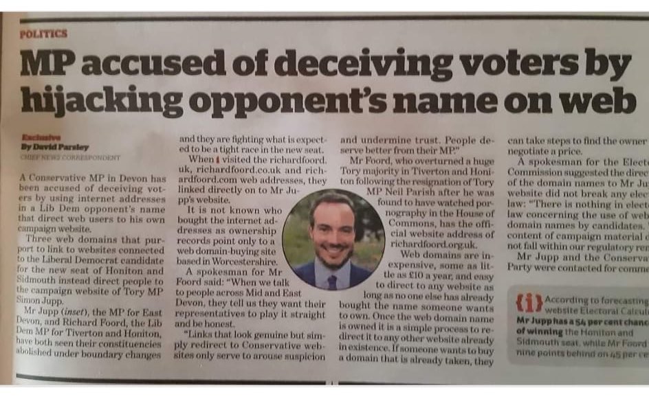 Who’s voting for @simonjamesjupp in the next election? The Electoral Commission say it’s not illegal but it doesn’t appea fair or honest to me. He says he loves Devon but always votes with the Government so sewage continues to pollute our seas and rivers #GeneralElectionNow