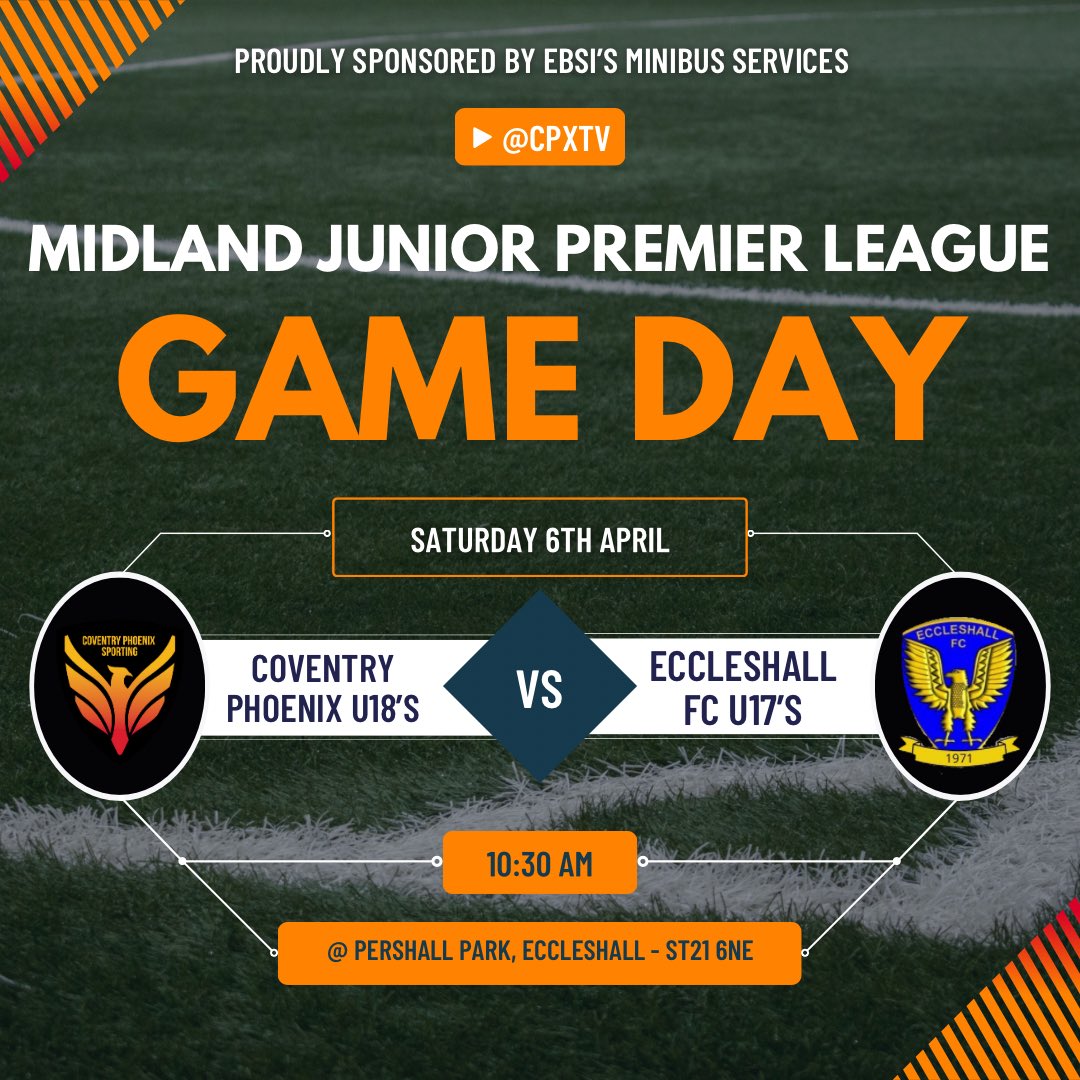 ⚽️Match Day ⚽️

🏆 Midland Junior Premier League 

Cov Phoenix U18’s Vs <a href="/EccleshallFC/">Eccleshall FC</a> U17’s 

Proudly sponsored by Ebsi’s Minibus Services - they transport our u18s to all their away fixtures, offering fantastic value for money and a smooth journey to any destination.