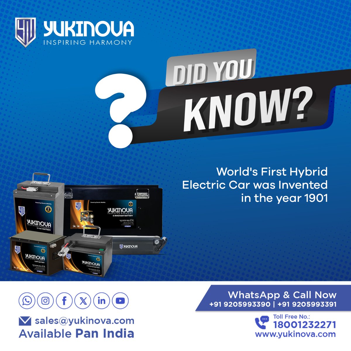 Did you know this before? Increase your knowledge and remember it for the future and stay one step ahead.

Follow us for more info :  @yukinovabattery

#YukinovaBattery #Battery #DidYouKnow #Facts #BatteryQuiz #ERickshawBattery #BatteryIndustry #BatteryBusiness #India