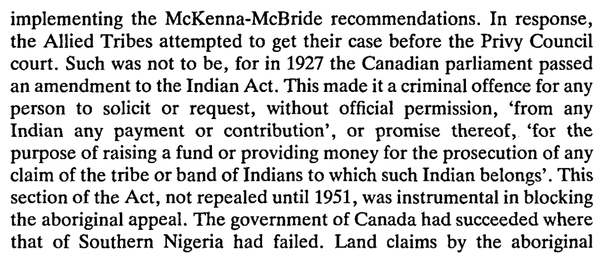 On the interconnection between Nigeria and Canadian claims to just compensation for land in the early 20th century, and the 1927 Canadian amendment criminalizing indigenous peoples' attempts to obtain justice.