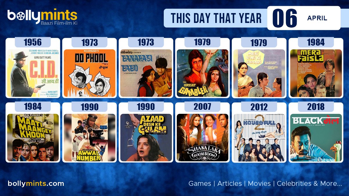 BollyMints's tweet photo. Here are the few #BollywoodMovies released on this day. Stay tuned at https://t.co/ohKmuyq9N0 for more #updates #ThisDayThatYear #6April #CID #DoPhool #BanarasiBabu #MeriBiwiKiShaadi #MaatiMaangeyKhoon #AwwalNumber #AzaadDeshKeGulam #ShakalakaBoomBoom #Housefull2 #Blackmail https://t.co/OIWHsLux2V