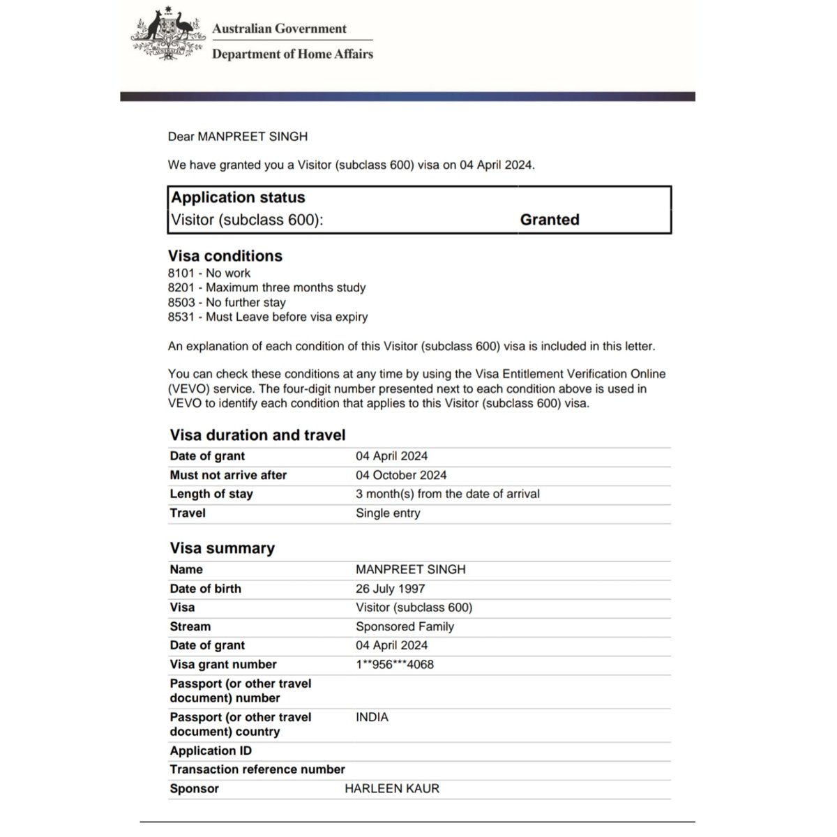 Congratulations to Manpreet Singh for getting Australia visitor visa after 1 refusal.
Apply your Australia tourist visa with us.
#visitorvisa #Immigration #Australia #trending #touristvisa #immigrationservices #flyhighimmigrationservices