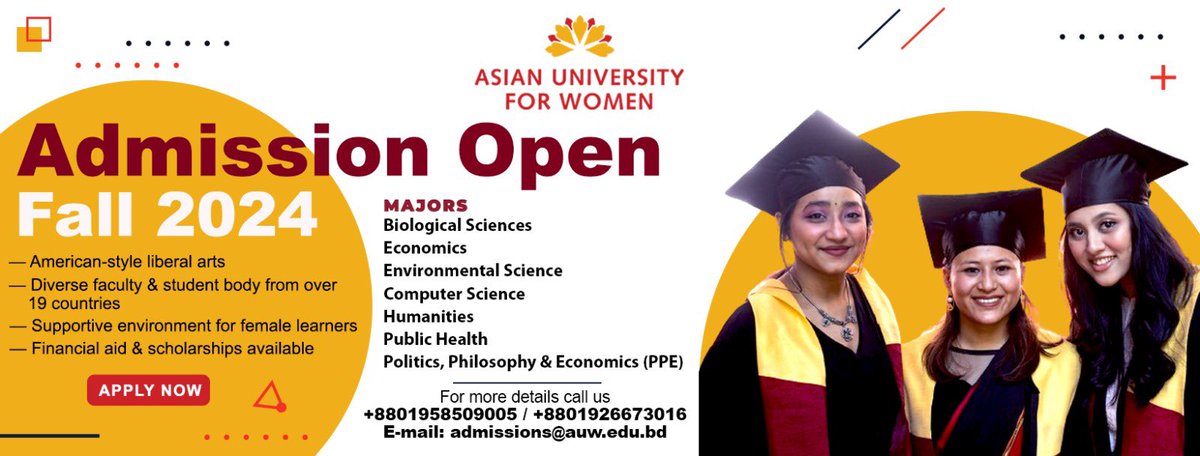 SumanSumanc10's tweet photo. @AUW_Chittagong :We are now accepting applications for our FALL 2024 session.  Apply online by clicking this link https://t.co/UPtjX9bjsd
Call 8801926673016/ email: admissions@auw.edu.bd #asianuniversityforwomen #auwians https://t.co/H0MGSdnBdv