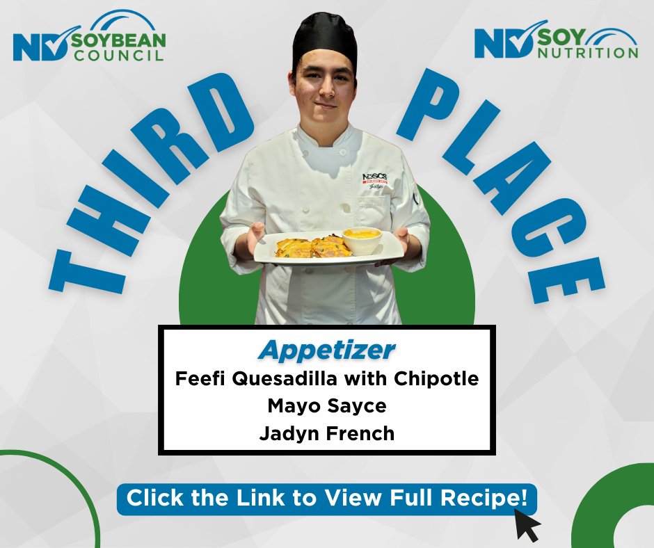 Earlier this year, the North Dakota Soybean Council was proud to sponsor a Soy Recipe Contest with @ndscswildcats Culinary Arts Department. Pictured below are Culinary Students who placed top 3 in the Appetizer Category! To view these recipes, visit bit.ly/NDSCSsoyrecipe…