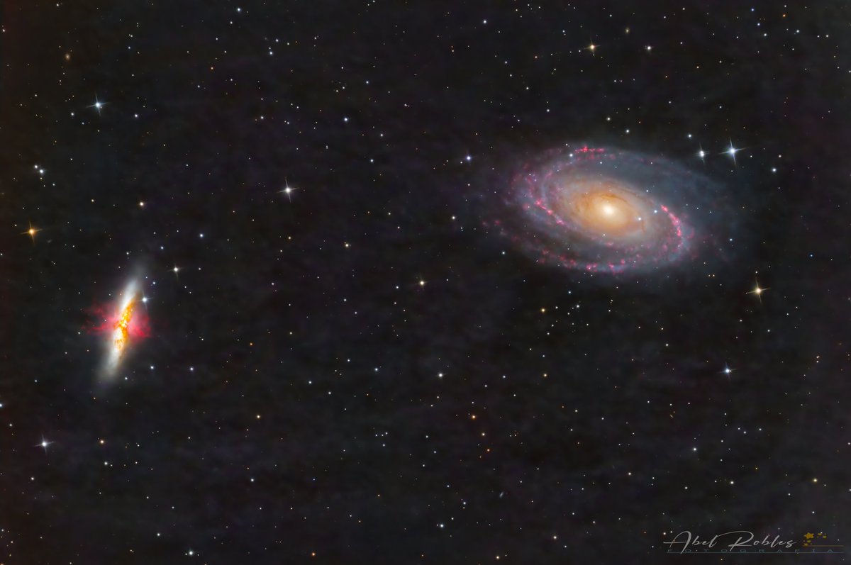 Galaxias de Bode M81 y del Cigarro M82.
🔭 Newton 200pds modificado
📸 Zwo Asi1600mm pro
7h' 52min, bortle 9.
#cielosESA