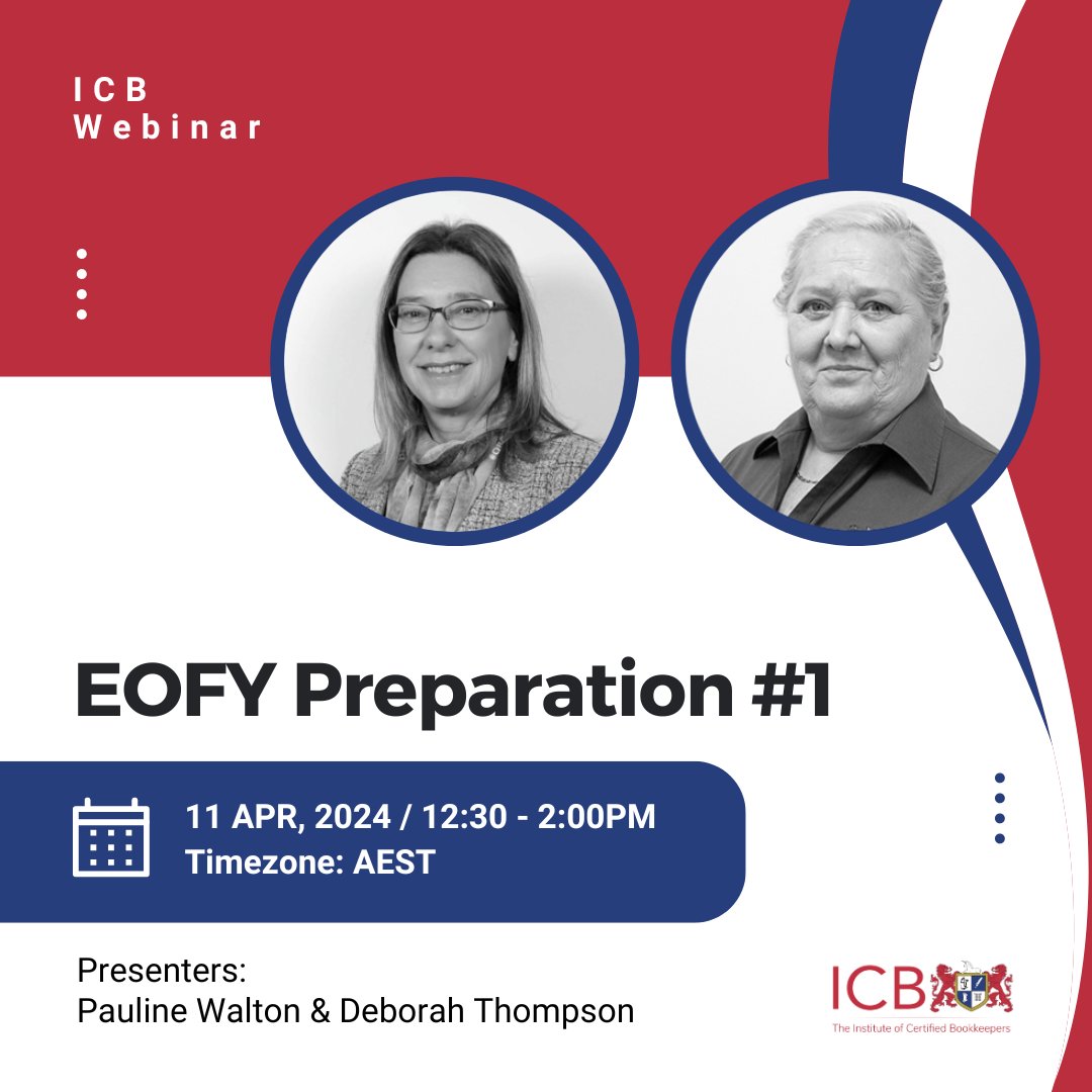 Are you ready to conquer EOFY like a pro?  Join ICB for two exclusive webinars, tailored to equip Bookkeepers with essential tools, these sessions are your key to initial steps towards EOFY prep for 2024. 

Register now:
ow.ly/c2vP50R8T2C

#ICBAustralia #EOFYWebinar