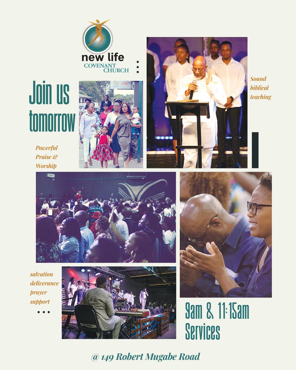 Experience a transformative Sunday at New Life Covenant Church, where you'll encounter enriching biblical lessons, uplifting worship, salvation, deliverance, prayer, and fellowship. Join us tomorrow at 149 Robert Mugabe Road for our services at 9am and 11:15am.