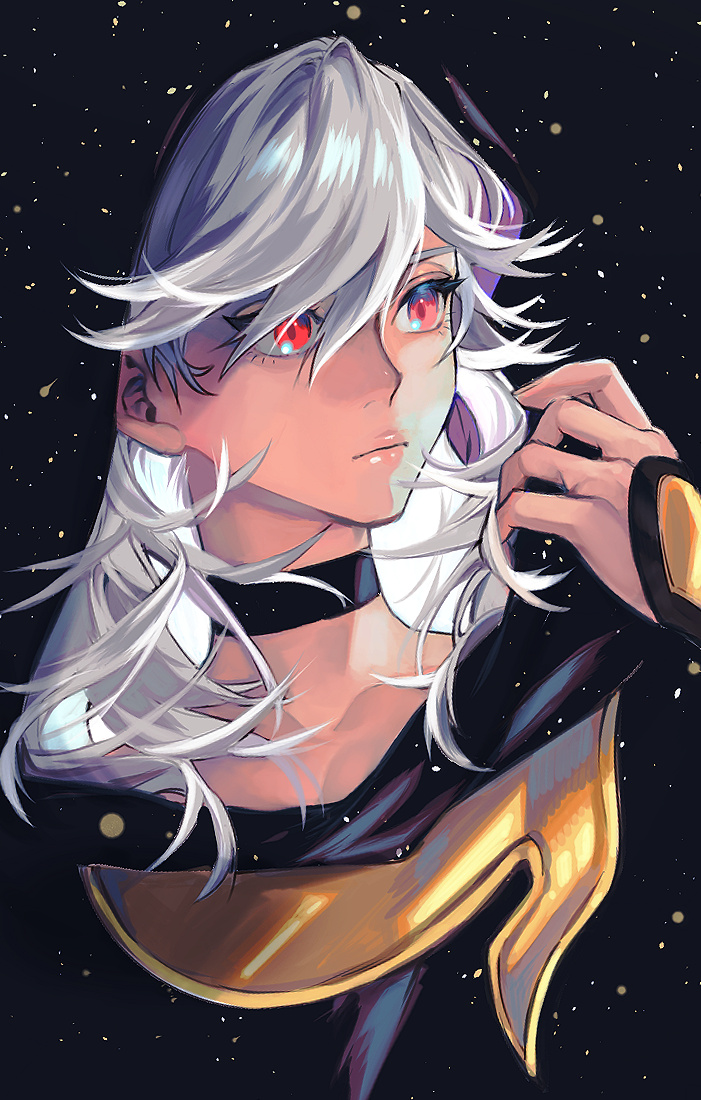cyno (genshin impact) solo long hair 1boy red eyes hair between eyes closed mouth white hair  illustration images