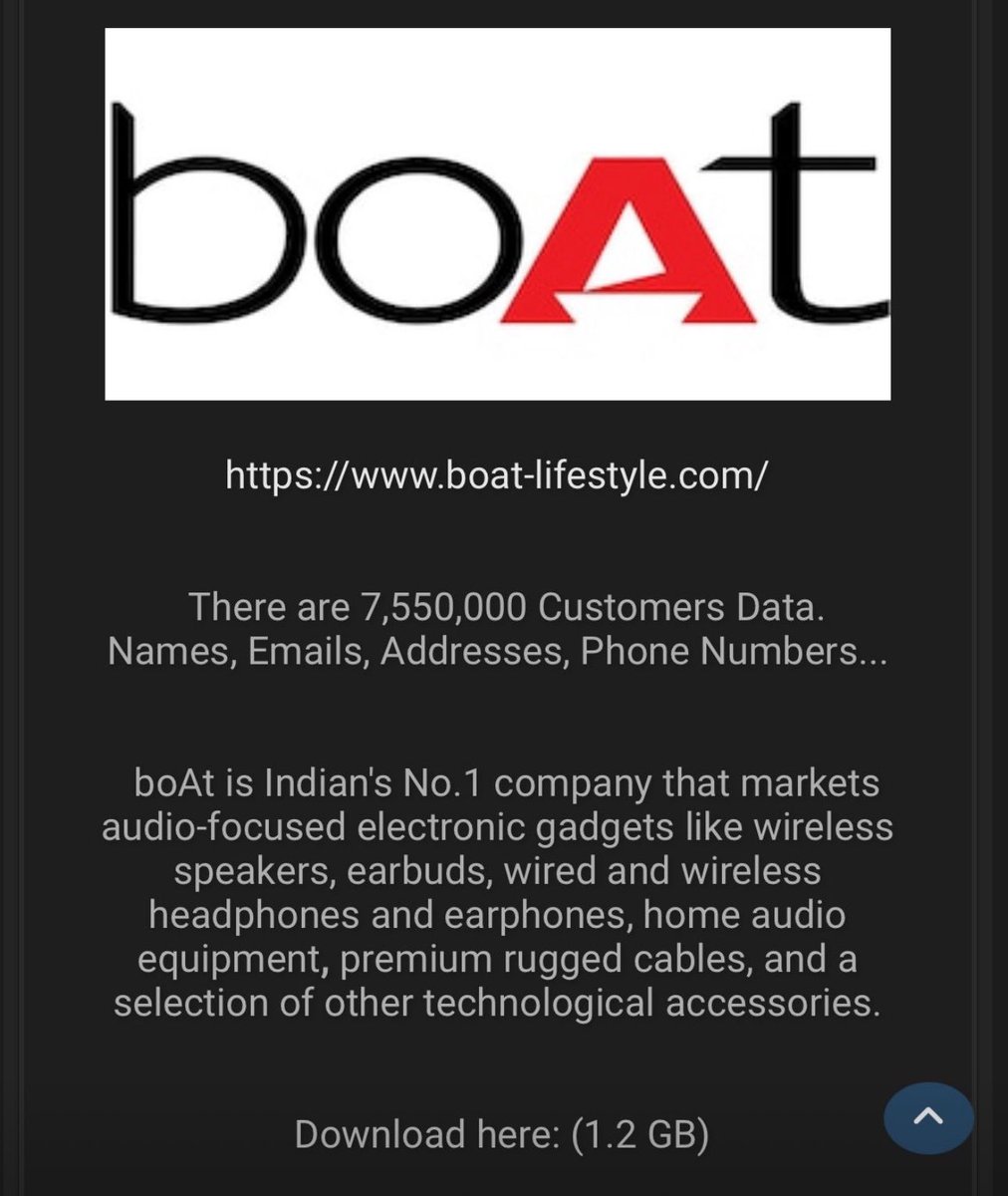 🚨A massive data breach at boAt Lifestyle of over 7.5 Million customer details like name, email address, phone number, address etc .

Note : If you have an account on boAt Lifestyle you should change your password immediately.
#boat #dataleak #threatIntel <a href="/amangupta0303/">Aman Gupta</a>
