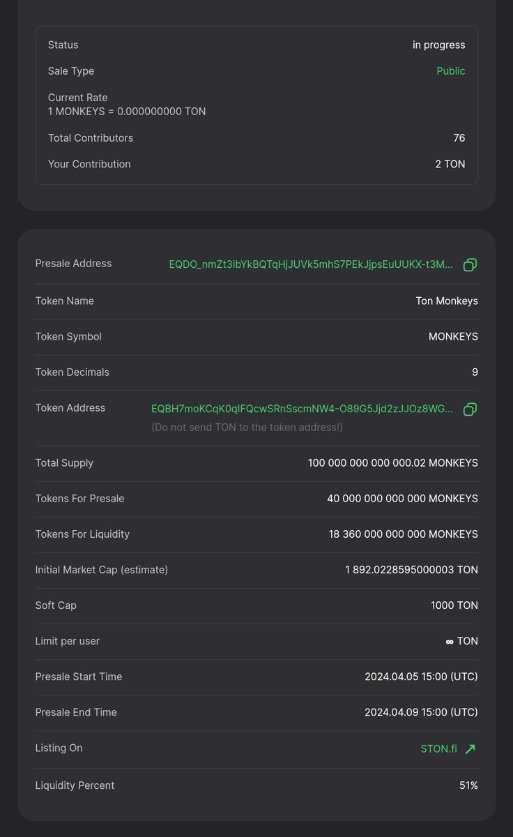 xEMINENTx's tweet photo. 🥈 STRONG PROJECT FAIRLAUNCH
#MONKEYS 🐒 ➾ @TonMonkeys
#TonMonkeys is set to revolutionize the Memecoin landscape with ambitious strategies and the potential 🔥 for substantial returns. Join us in creating a vibrant and supportive 🤝 community as we prepare for the exciting opportunities that lie ahead in the market.
TonMonkeys is the next memecoin that will skyrocket and boost $TON ecosystem 🔥, don't miss out the fairlaunch
You have 3 days left to end the fairlaunch and claim your #MONKEYS token ......
Link to Fairlaunch: https://t.co/G7MqUzFCPg
Min Buy : 0.1 $TON
Max Buy: .......
TOTAL SUPPLY : 100,000,000,000,000
