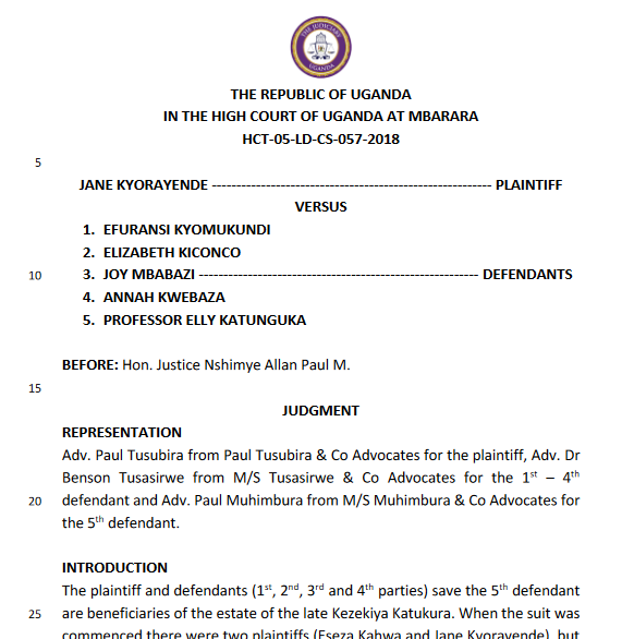 Lawpointuganda's tweet photo. Nshimye, J., on 5th/04/2024 has affirmed that
Upon the death of a surviving spouse, the residential holding or any other residential holding shall devolve to the lineal descendants equally, who shall occupy it subject to terms and conditions set out in the 2nd Schedule to the Act https://t.co/tBh9R8Dmka
