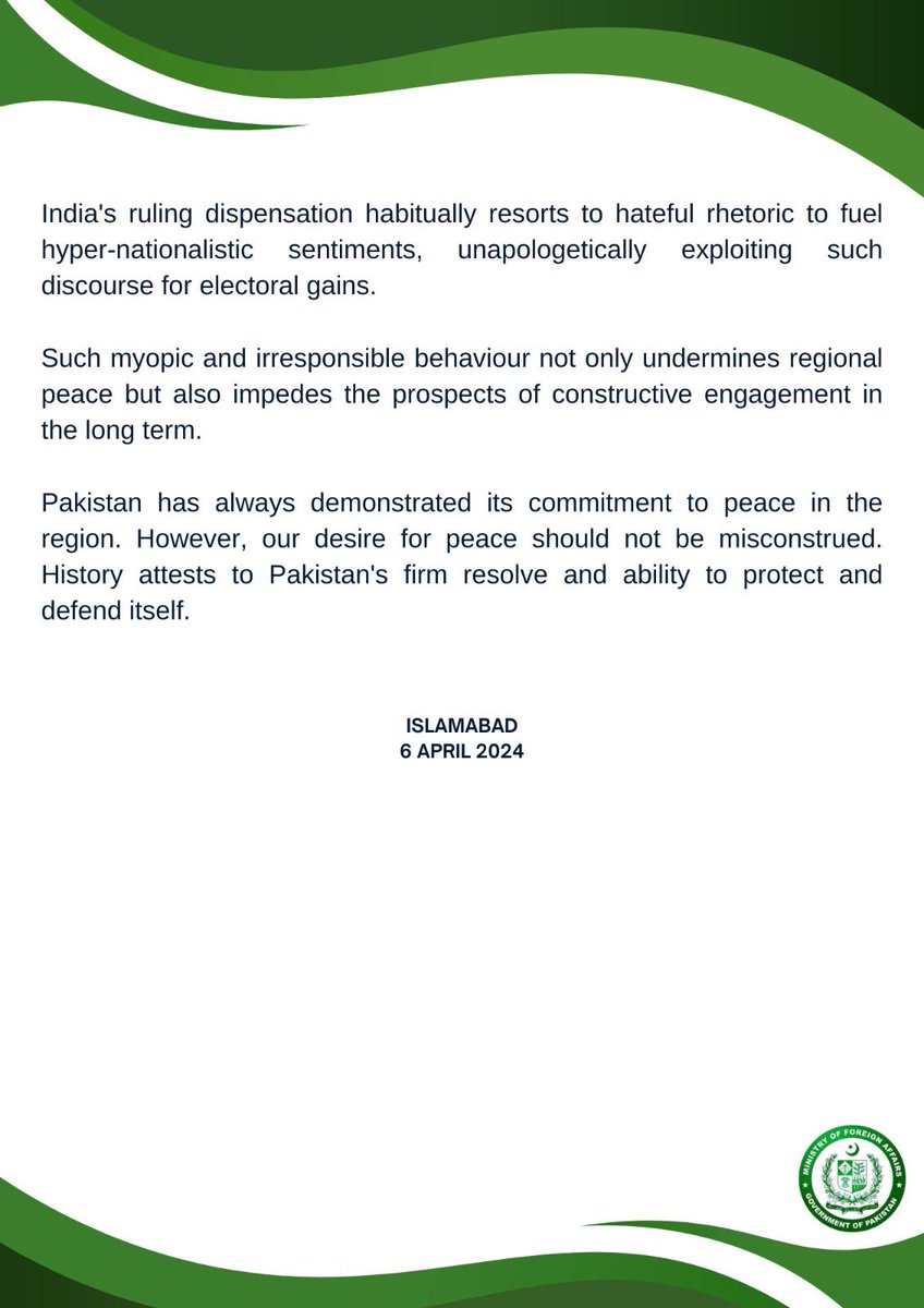 🔊: PR NO. 5️⃣9️⃣/2️⃣0️⃣2️⃣4️⃣ Pakistan Denounces the Provocative Remarks Made by the Indian Defence Minister 🔗⬇️ mofa.gov.pk/press-releases…