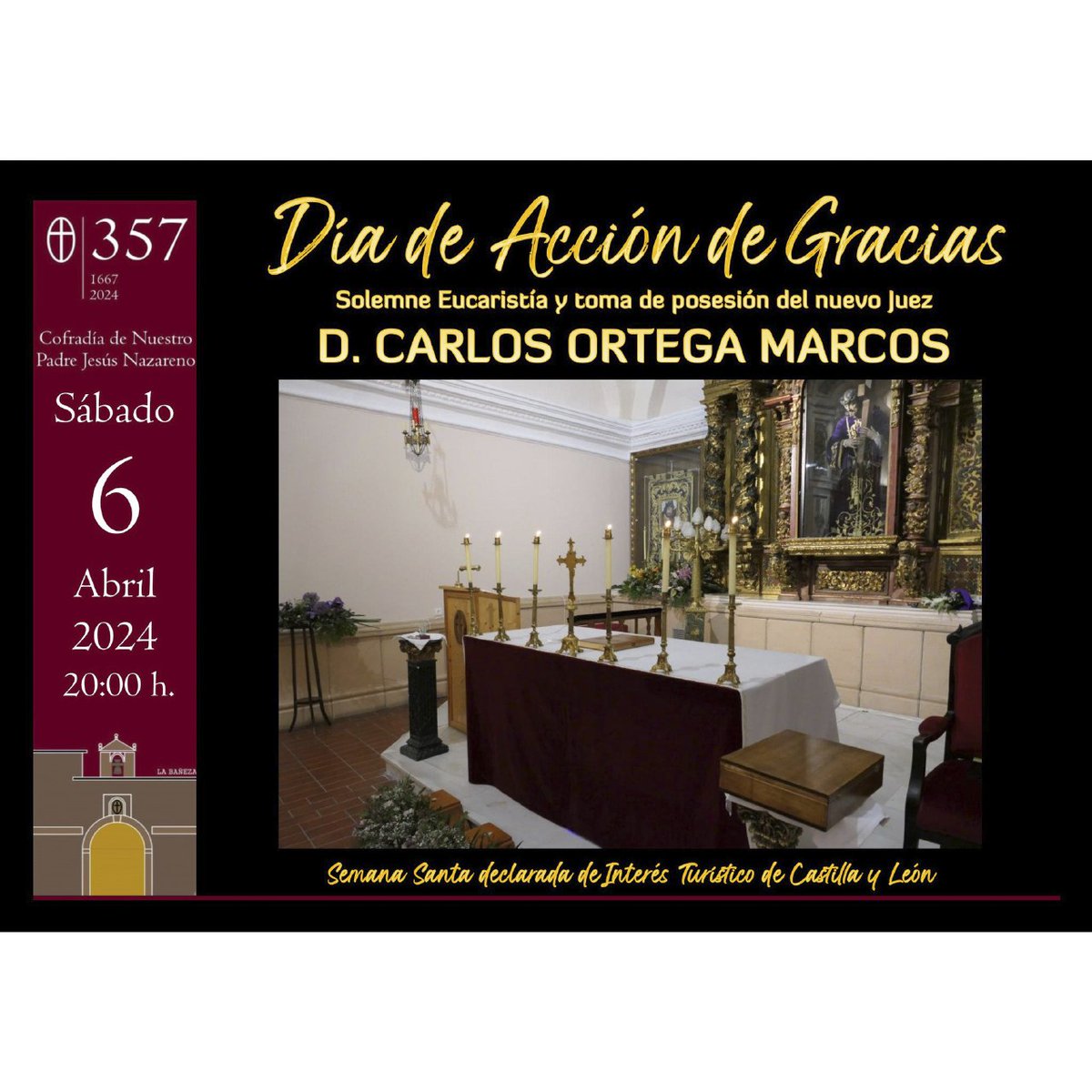 SSantaLaBaneza's tweet photo. Día de Acción de Gracias a las 20:00 horas en la capilla de la cofradía de Nuestro Padre Jesús Nazareno. Eucaristía y toma de posesión de Carlos Ortega Marcos como juez.

#LaBañeza.
#Leónesp. https://t.co/qBVEfEg550