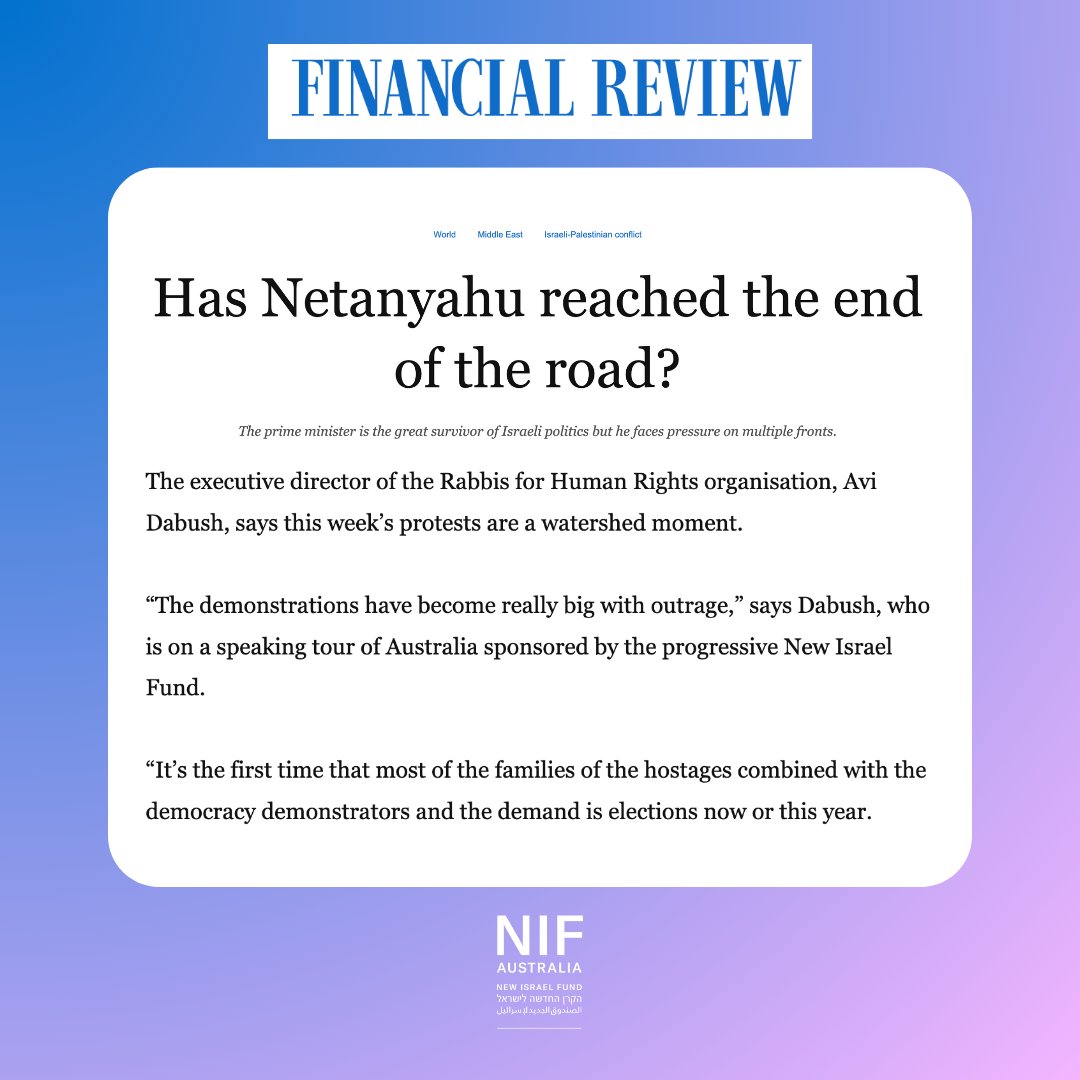 NIFAustralia's tweet photo. During his time in Australia, executive director of @rabbis4HR, Avi Dabush has been advocating tirelessly for peace.

Read his interview in the @FinancialReview and get tickets to his talk in Melbourne on the 10th at https://t.co/5tp2WgqmcV https://t.co/PS0P6fh70i