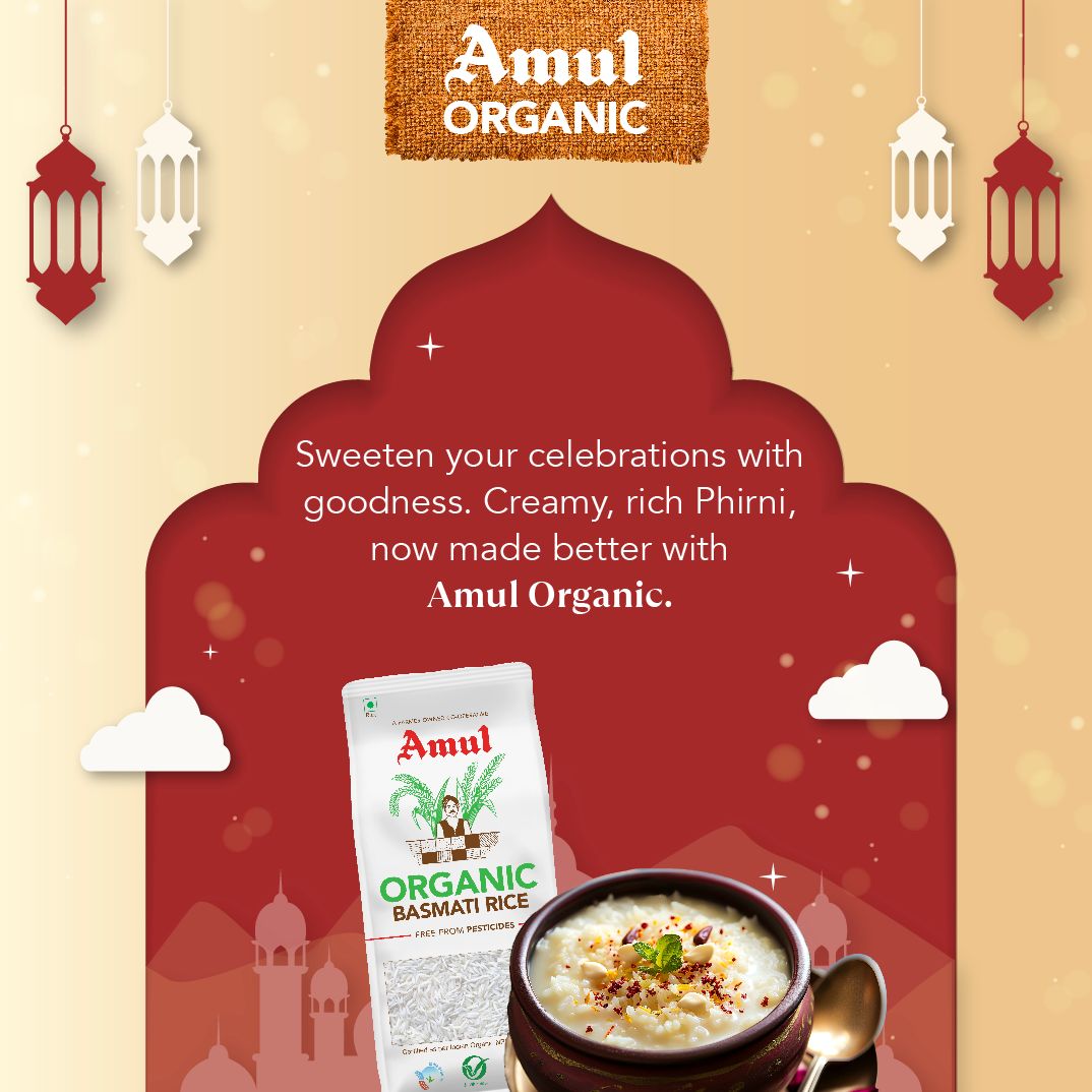 Eid-Al-Fitr Mubarak! Celebrate this joyous occasion with your loved ones by making a delicious Phirni. Enjoy Amul Organic Basmati rice, free from 225+ pesticides & chemicals, for a feast filled with taste & goodness. Learn more: shop.amul.com/en/browse/orga… #Amul #Organic #Eid