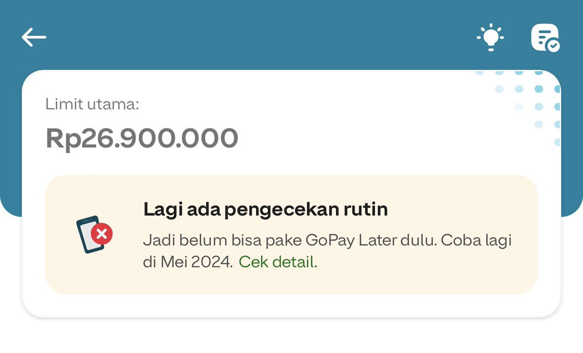 GOPAYLATER 😅
Tgl 1 mar diblokir. Tgg sebulan, Lgsg lunasin lbh awal. Telponin CS nya trus2an walaupun susah diangkat 😅 akhirnya 1 april blokir dibuka.

BARUSAN, abis coba transaksi, gagal. Tiba2 keblokir lg. 😅😅
GJLS! <a href="/tokopedia/">Tokopedia</a> <a href="/TokopediaCare/">TokopediaCare</a> <a href="/gopayindonesia/">GoPay Indonesia</a> <a href="/gojekindonesia/">Gojek Indonesia</a>