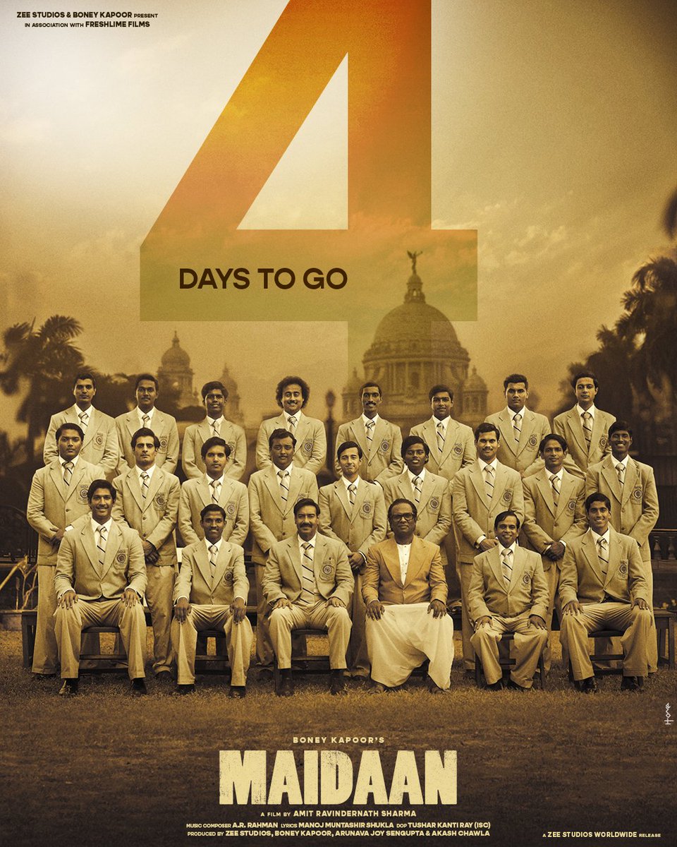 In 4 days, witness Indian football’s rise. 🇮🇳⚽
#Maidaan in cinemas, this Eid, 10th April!
#4DaysToMaidaan
#MaidaanInIMAX
#MaidaanOnEid
#MaidaanOnApril10

@ajaydevgn @raogajraj @BoneyKapoor @ZeeStudios_ @iAmitRSharma @arrahman @manojmuntashir @BayViewProjOffl  @freshlimefilms