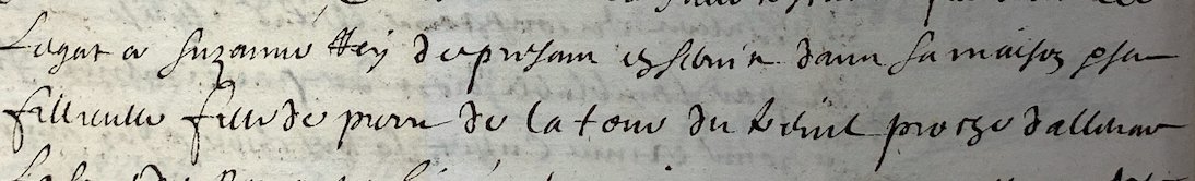 Help #genealogie #paleographie 
Sur ce testament je lis 'Legue à Suzanne Vey (?) du présent ? dans sa maison sa filleule fille de Pierre de la tour du ? proche ? 
Quelqu'un pourrait m'aider à combler les vides ?
Merci 😊