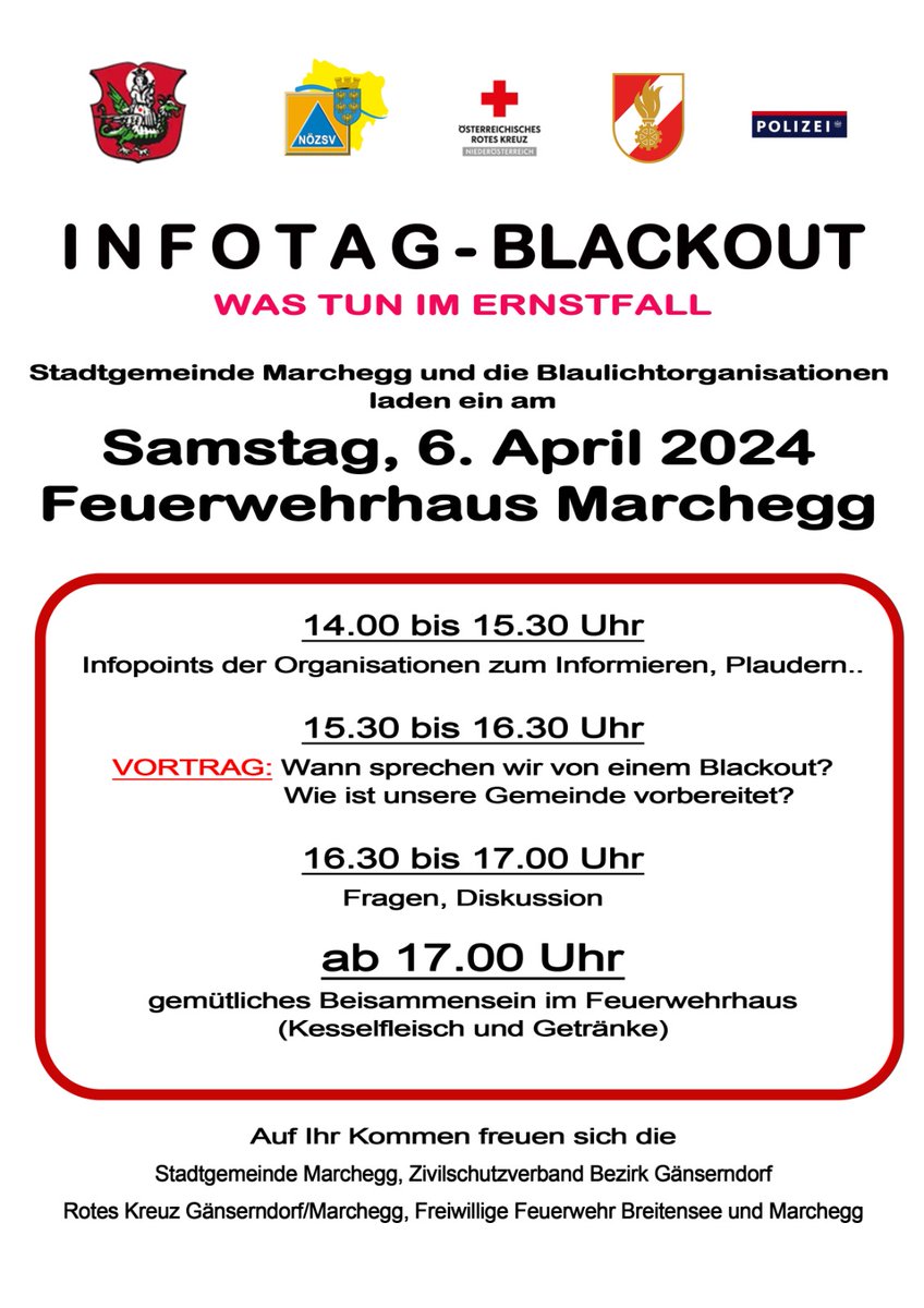 FF_Mgg's tweet photo. #Vorsorge #Blackout Infoday #Eigenverantwortung #Zivilschutz #Marchegg #Breitensee https://t.co/FKQVlQr5nb