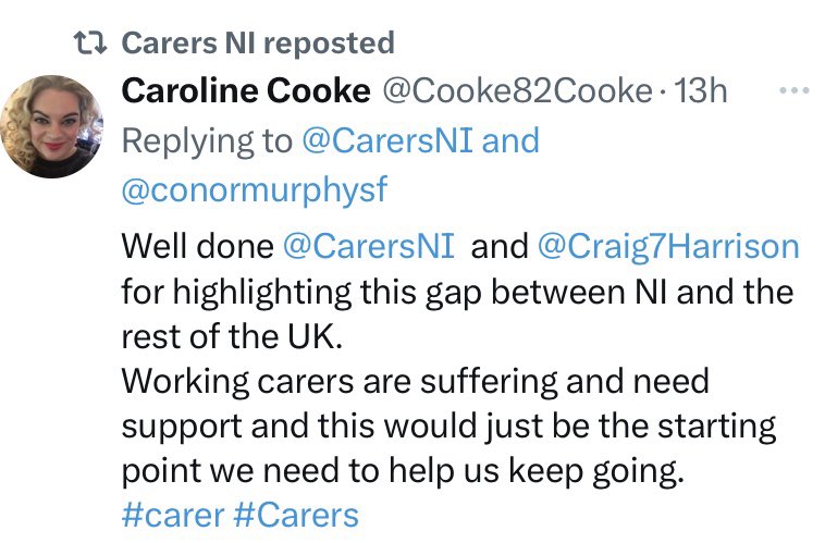 Time for our Executive to demonstrate that they value working carers within (NI) and bring us parity with the rest of the UK. #carersleave #carers #carersrights