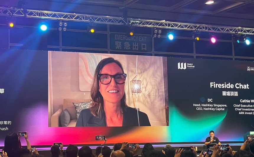 x42_src's tweet image. In a fascinating fireside chat at the Hong Kong WEB3 FESTIVAL 2024, Cathie Wood of ARK Invest shared an eye-opening prediction for Bitcoin, foreseeing its rise to $1.5 million by 2030. This bold forecast, based on institutional surveys and analysis, marks a significant leap from…