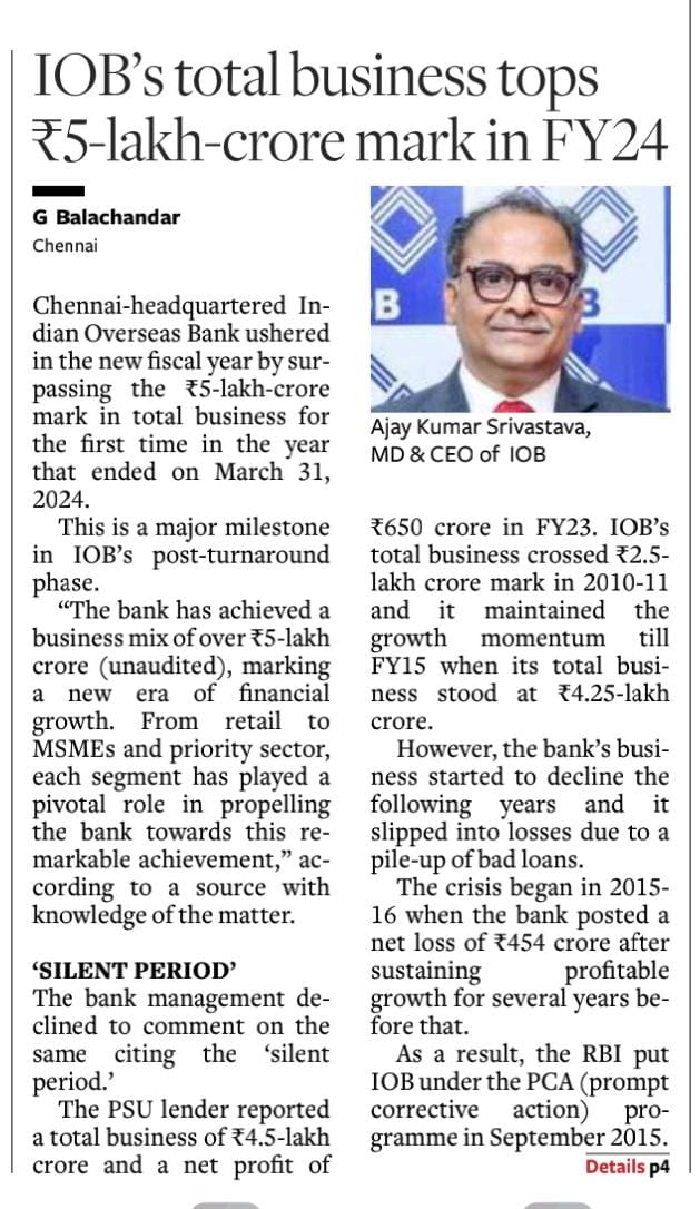 IOBIndia's tweet photo. "🎉Charting new territories and achieving the extraordinary! 🌟 IOB proudly crosses the 5 lac crore In business as per the unaudited financial report dated 31st March 2024. Click below for the article published in the Hindu Business Line!🎊"

https://t.co/BkEfj9Eies

#IOB  #RBI  #DFS  #GOODPEOPLETOGROWWITH #INDIANOVERSEASBANK #MILESTONE #ACHEIVEMENT #PUBLICSECTORBANKS #GOVERNMENTBANK 

@BalascribeG