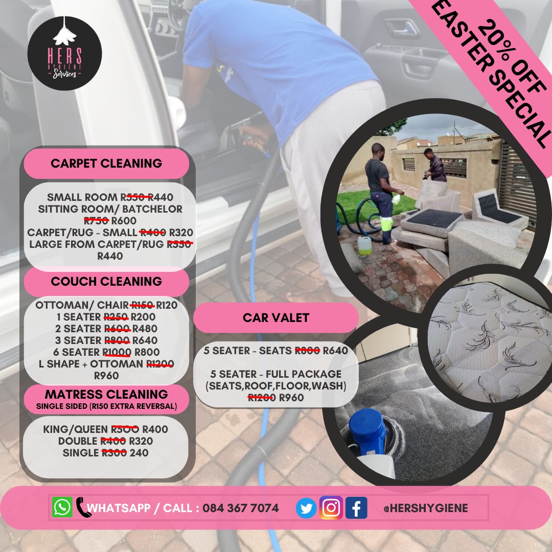HersHygiene's tweet photo. Our Easter special still on till 07 Apr 2024‼️

NO CALL OUT FEE

Mattresses, Car Valet, Carpets, Couches, Dinning &amp; Office Chairs etc...We clean it all

📍PTA, JHB &amp; Limpopo ☎️084 367 7074

Cassper Nyovest Kimora #RoastOfMinnieDlamini SHEIN #R131Million Dalindyebo Albany Soweto https://t.co/3vgJlCC5fb