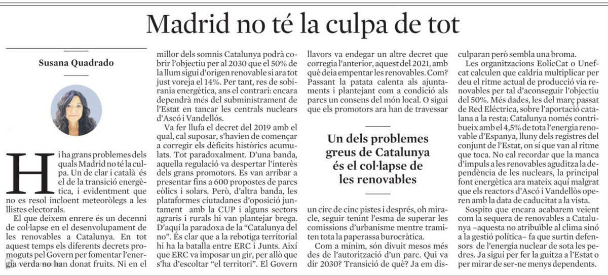 Us recomano llegir aquest article sobre l'estat de les renovables a Catalunya.