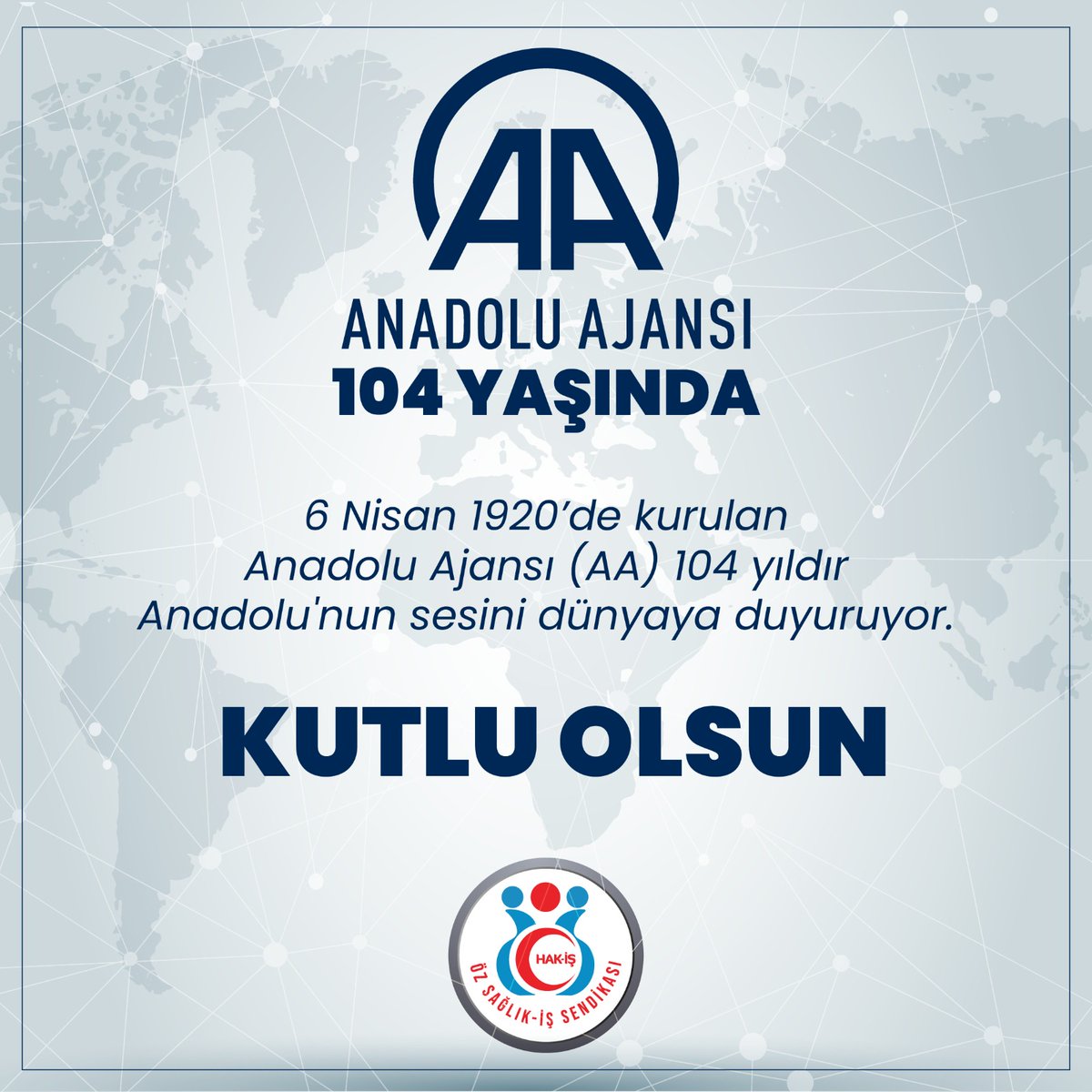 1920 yılından bugüne kadar Anadolu’nun sesini dünyaya duyuran, güvenilir ve tarafsız habercilik anlayışıyla çalışma hayatının, üretimin,işçinin, emeğin sesini tüm dünyaya duyuran @anadoluajansi'nın 104. kuruluş yıl dönümünü tebrik ederiz.