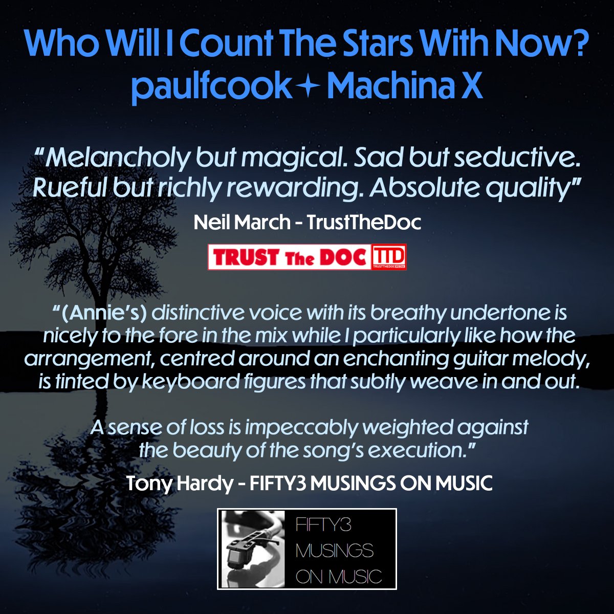 Paul F Cook (@paulfcook) on Twitter photo Reviews for 'Who Will I Count The Stars With Now?' my collaboration with Annie from @M_A_C_H_I_N_A_x from two amazing promoters of grassroots music: Neil March - <a href="/TrustTheDocUK/">Neil March (Trust The Doc Media/ICMP)</a> - and Tony Hardy - FIFTY3 MUSINGS ON MUSIC <a href="/TonyHardy53/">Tony Hardy</a>
Thank you for the amazing words 🩷 Reviews for 'Who Will I Count The Stars With Now?' my collaboration with Annie from @M_A_C_H_I_N_A_x from two amazing promoters of grassroots music: Neil March - <a href="/TrustTheDocUK/">Neil March (Trust The Doc Media/ICMP)</a> - and Tony Hardy - FIFTY3 MUSINGS ON MUSIC <a href="/TonyHardy53/">Tony Hardy</a>
Thank you for the amazing words 🩷