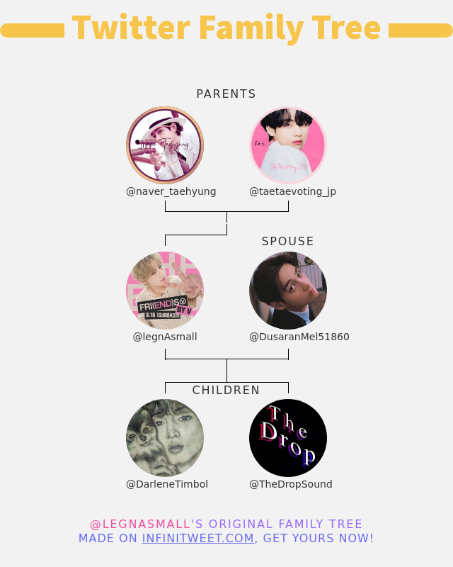 👨‍👩‍👧‍👦 My Twitter Family:
👫 Parents: @naver_taehyung @taetaevoting_jp
👰 Spouse: @DusaranMel51860
👶 Children: @DarleneTimbol @TheDropSound

➡️ infinitytweet.me/family-tree