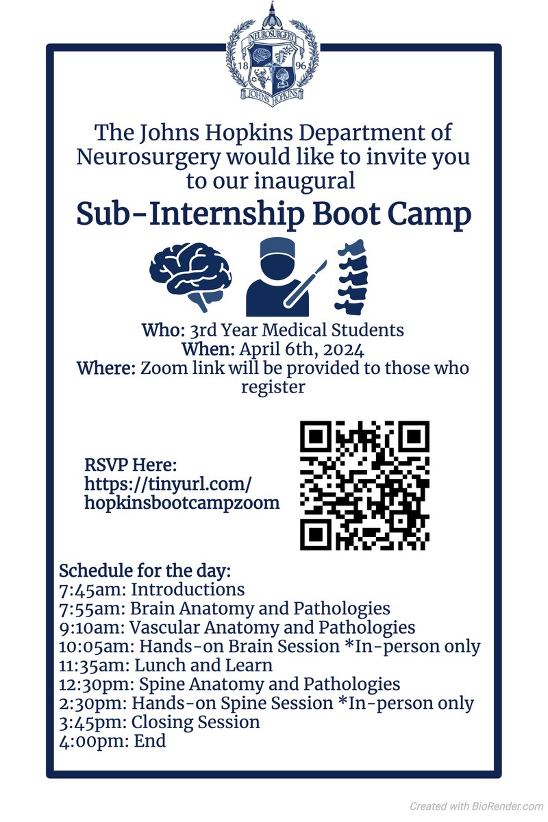 Want to shine on your upcoming #neurosurgery #nsgy sub-internships? Join @HopkinsNsurg faculty & residents for a FREE subI boot camp today (4/6) from ~8am to 4pm EST Sign up below & spread the word: tinyurl.com/hopkinsbootcamp It's not too late!