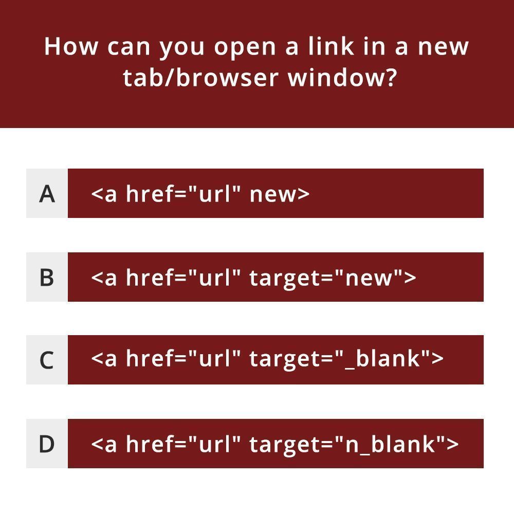 WeArePirple's tweet image. How can you open a new tab/browser window?

#html #html5 #htmlcoding #code #learnToCode #pirple