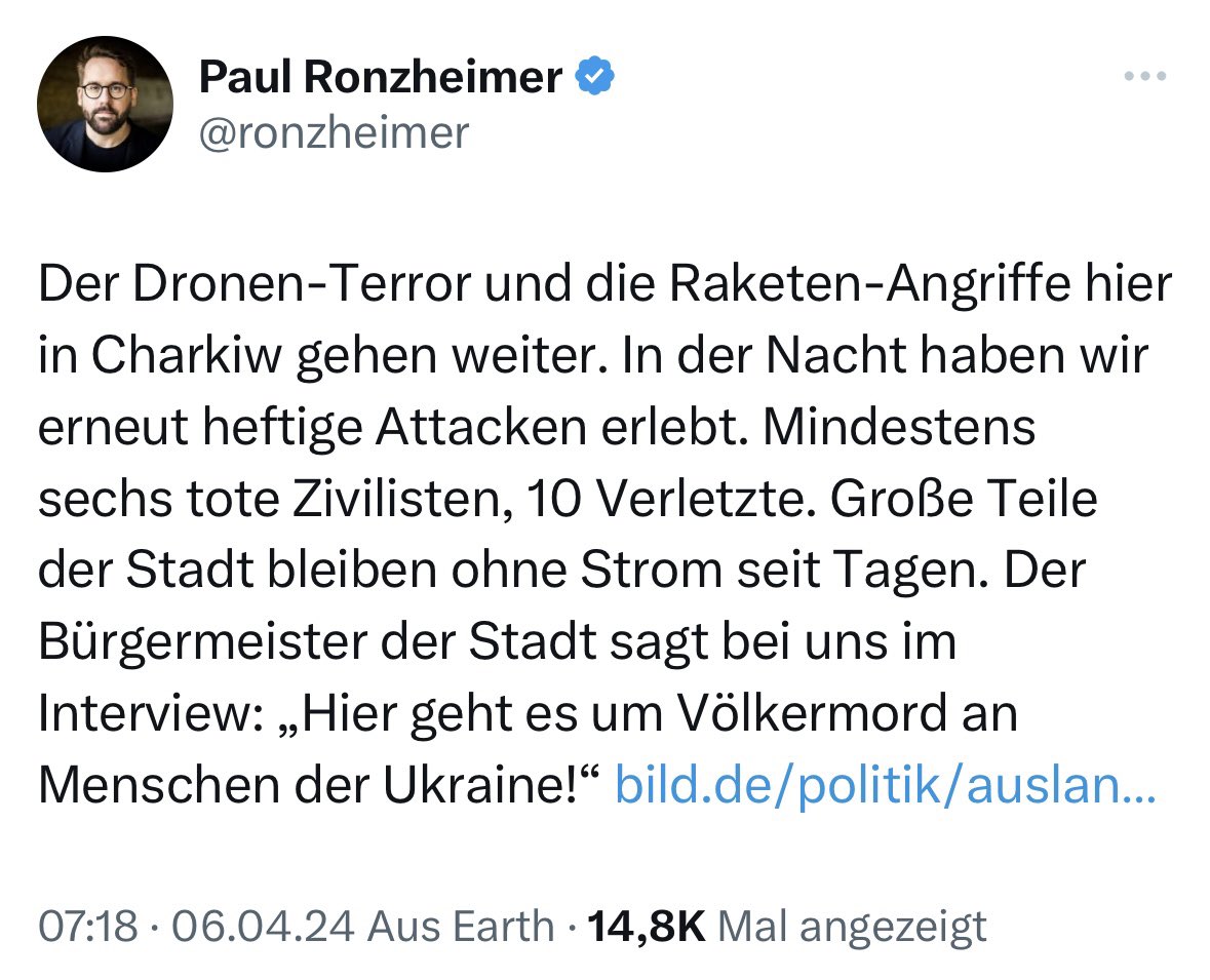 Ein versuchter Völkermord vor unserer Haustür, vor unseren Augen. Den „der Westen“ verhindern könnte, es aber nicht tut. Sei es aus Bräsigkeit, Zögerlichkeit Ignoranz oder Egoismus. Ganz akut geht es um zusätzliche Flugabwehrsysteme.