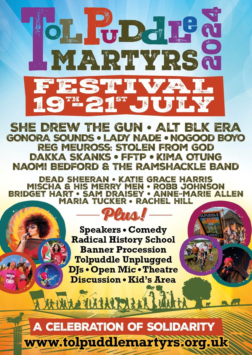 JULY: Steve & Lol of this parish will once again be hosting Tolpuddle Unplugged on the Saturday evening of @TolpuddleFest. Stolen acts, no amps, no mics, finishes in time for the headliners elsewhere. Festival tickets available now: tolpuddlemartyrs.org.uk