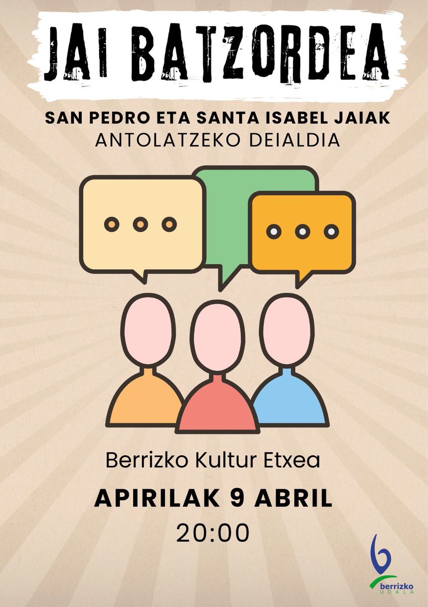 👥🎉 Berrizko San Pedro eta Santa Isabel Jaiak antolatzeko bilera

Apirilaren 9an izango da, 20:00etan Kultur Etxean 

👥🎉 Reunión para organizar las fiestas de San Pedro y Santa Isabel

Será el 9 de abril a las 20:00 en <a href="/BerrizkoKulturE/">Berrizko Kultur Etxea</a> 

#berriz #berrizkoudala #jaibatzordea