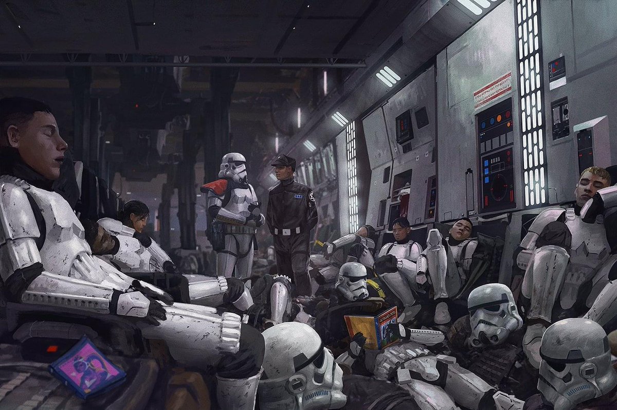 Fett_Films's tweet photo. El artista Edouard Groult, nos muestra una representación desde su punto de vista de la vida de los soldados de asalto. Muchos humanos decidieron alistarse al ejército imperial porque eso les facilitaba sus vidas; les daban empleo, un techo dónde dormir, un salario y poder comer. https://t.co/oZJ2l1dRcn
