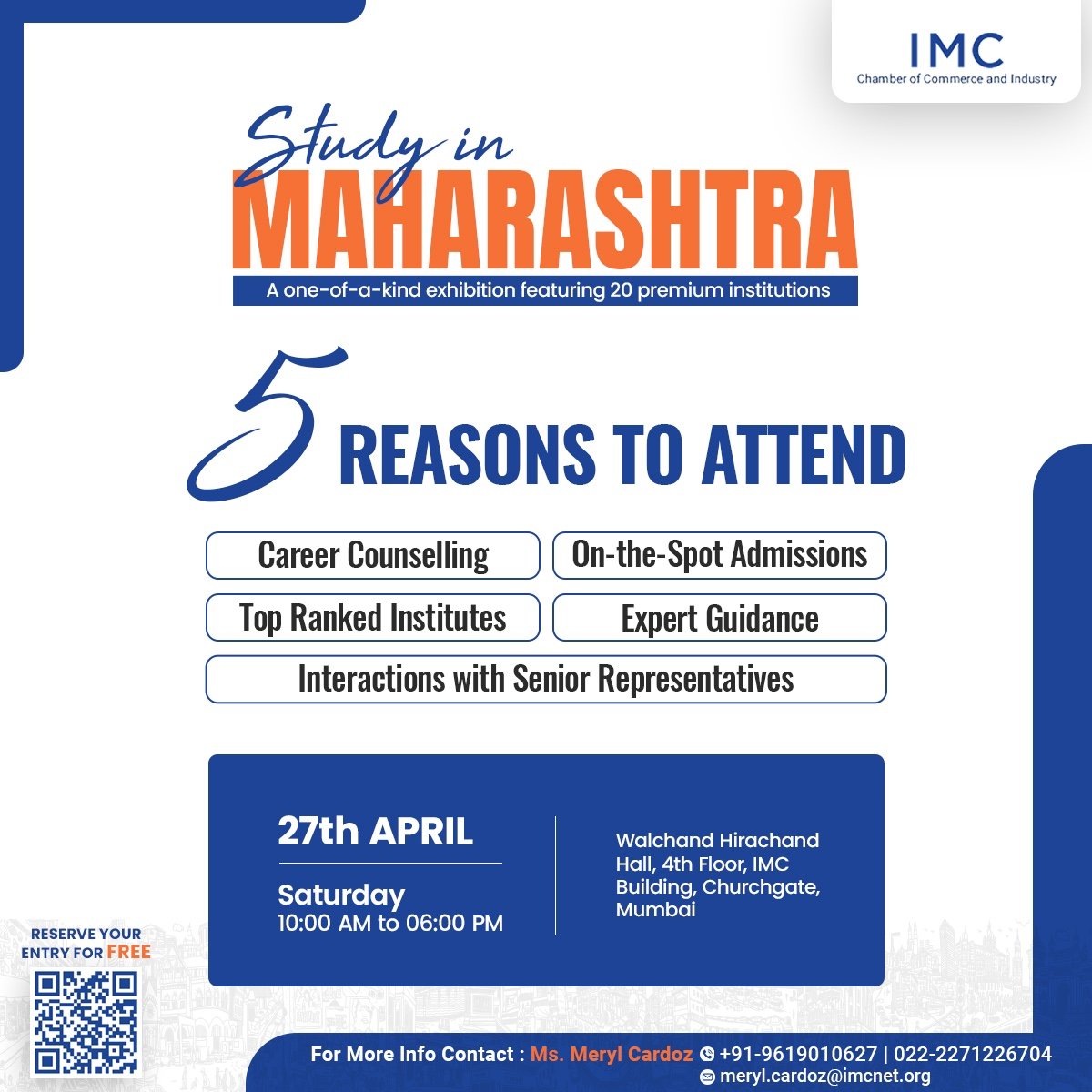 What's in store at Maharashtra's one-of-a-kind exhibition featuring 20 premium institutions? A lot actually! Join us at the IMC event where we get you in touch with the best in the sector! 🗓️ 27th April, 2024 (Saturday) 🕰️ 10:00 AM - 06:00 PM 📍 Walchand Hirachand Hall, 4th
