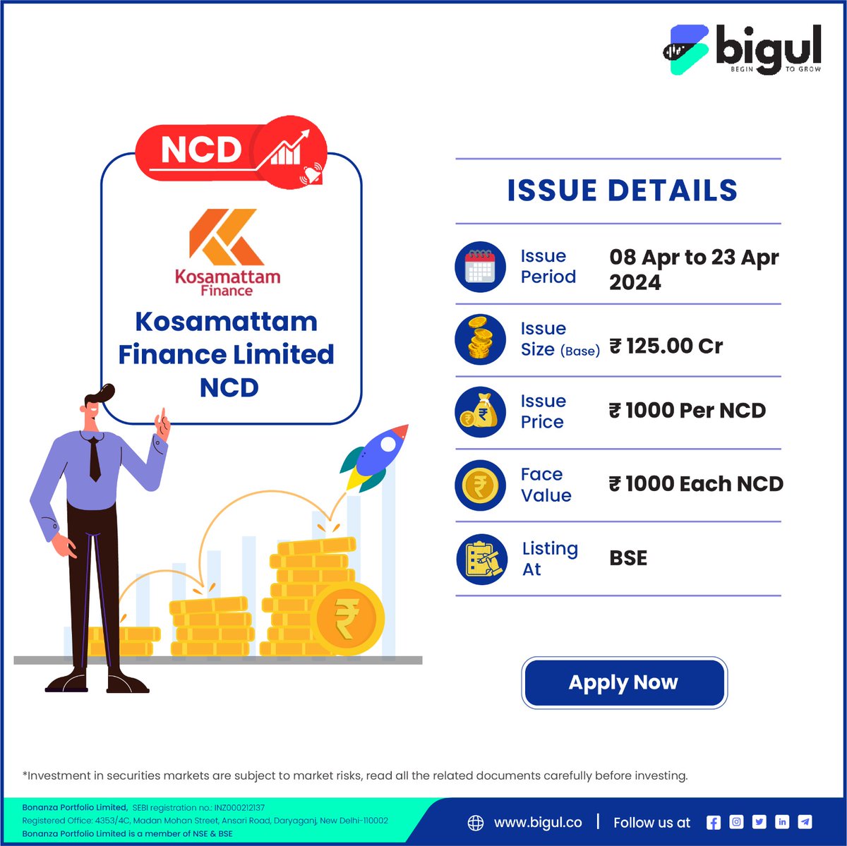 📢 Kosamattam Finance Limited NCD issue opens April 8, 2024, and closes April 23, 2024, with an overall issue size of Rs 250 crores! 💼 Act fast ! 📈 
Read More👇
bit.ly/49w08xY

#KosamattamFinanceNCD #KosamattamFinance #NCD #Bigul #Investment