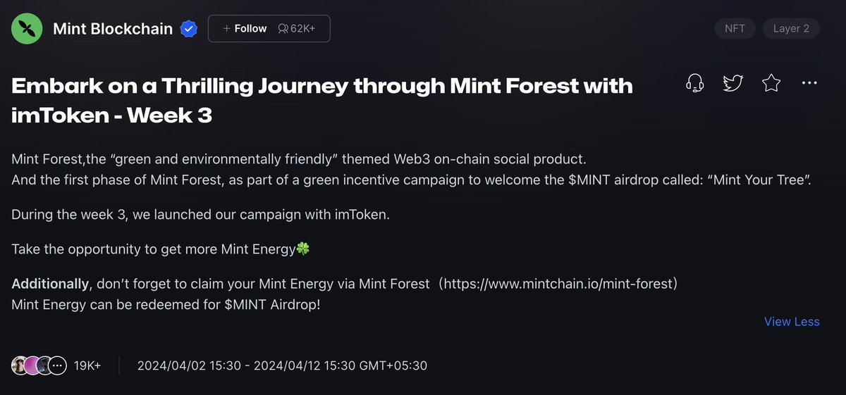 🌳 19,000+ have claimed $MINT airdrop! Have you joined in? imToken x @Mint_Blockchain Forest's wild adventure is heading for its final showdown! Complete the galxe tasks using imToken & grab your Mint Energy (ME) before it’s gone! Join here 👇 app.galxe.com/quest/mintbloc…