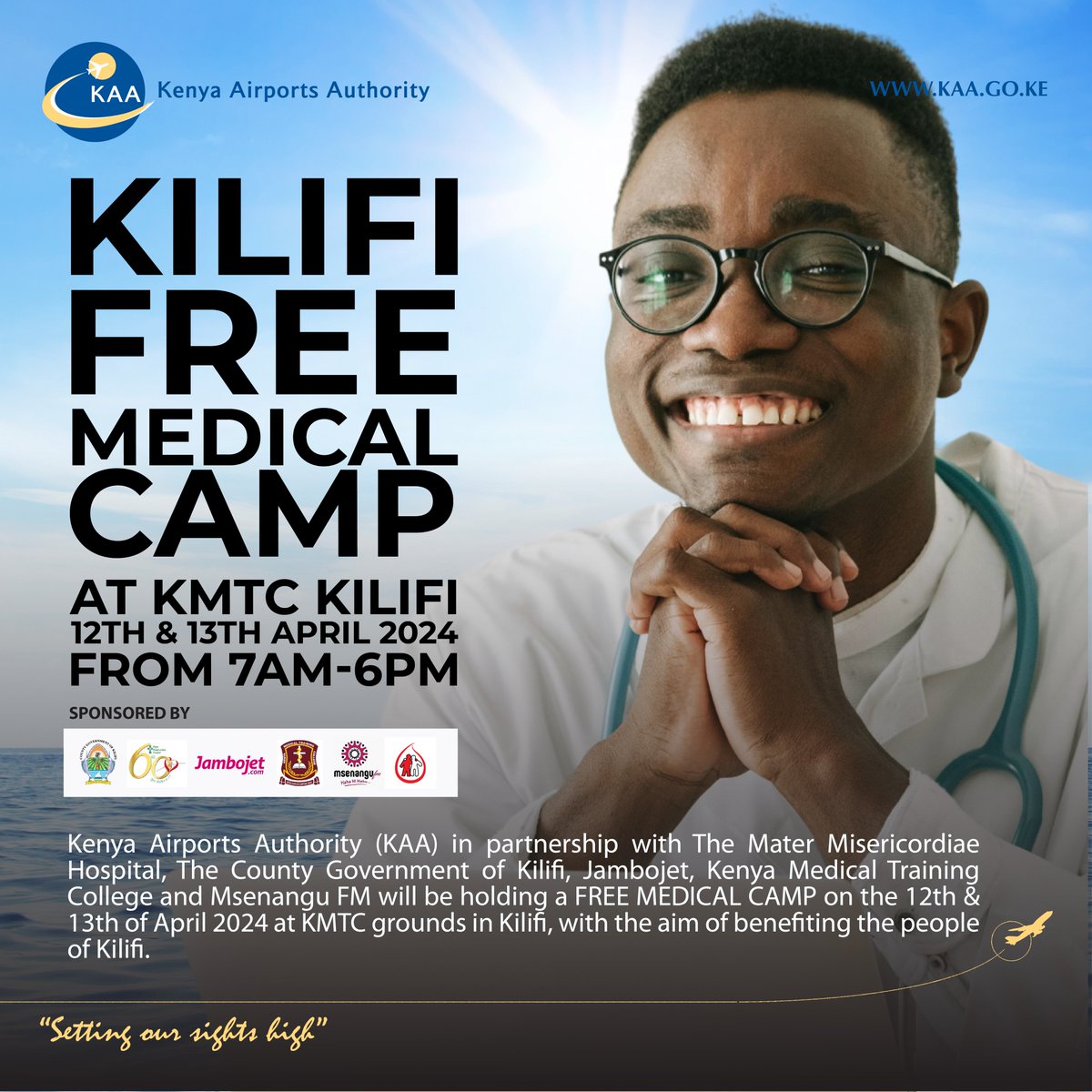 Jambo! Join us for a FREE #KAAMedicalCamp on April 12th & 13th, 2024, at @Kmtc_official grounds in Kilifi, in partnership with @materkenya, @KilifiCountyGov, @FlyJambojet, & @MsenanguFM. #KAACSR #KAACares